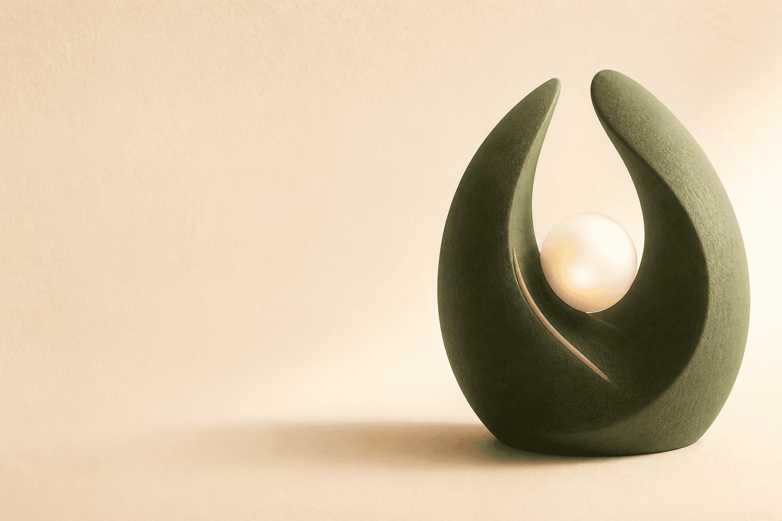 An abstract protective form holding a softly glowing sphere