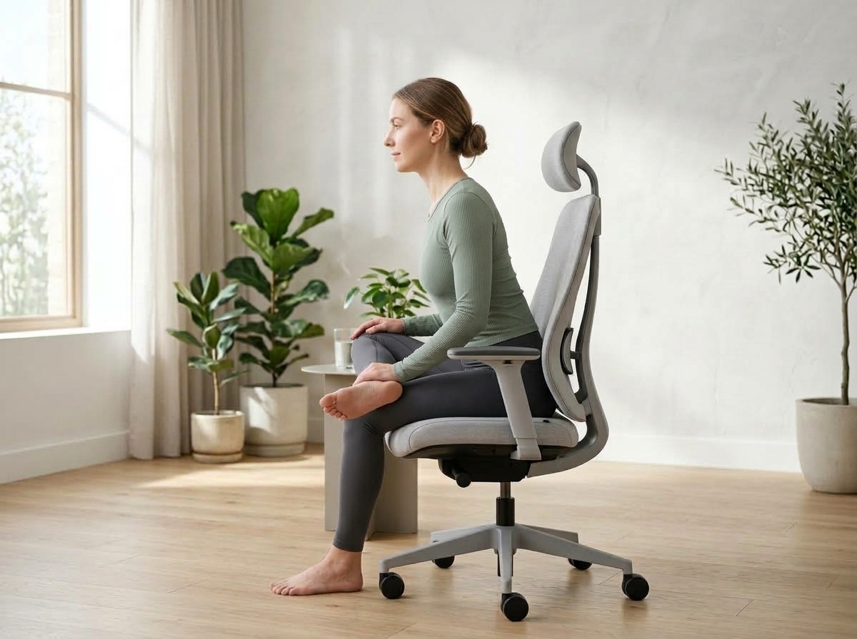 Visual posture guidance demonstrating seated figure-four ankle over knee hip release