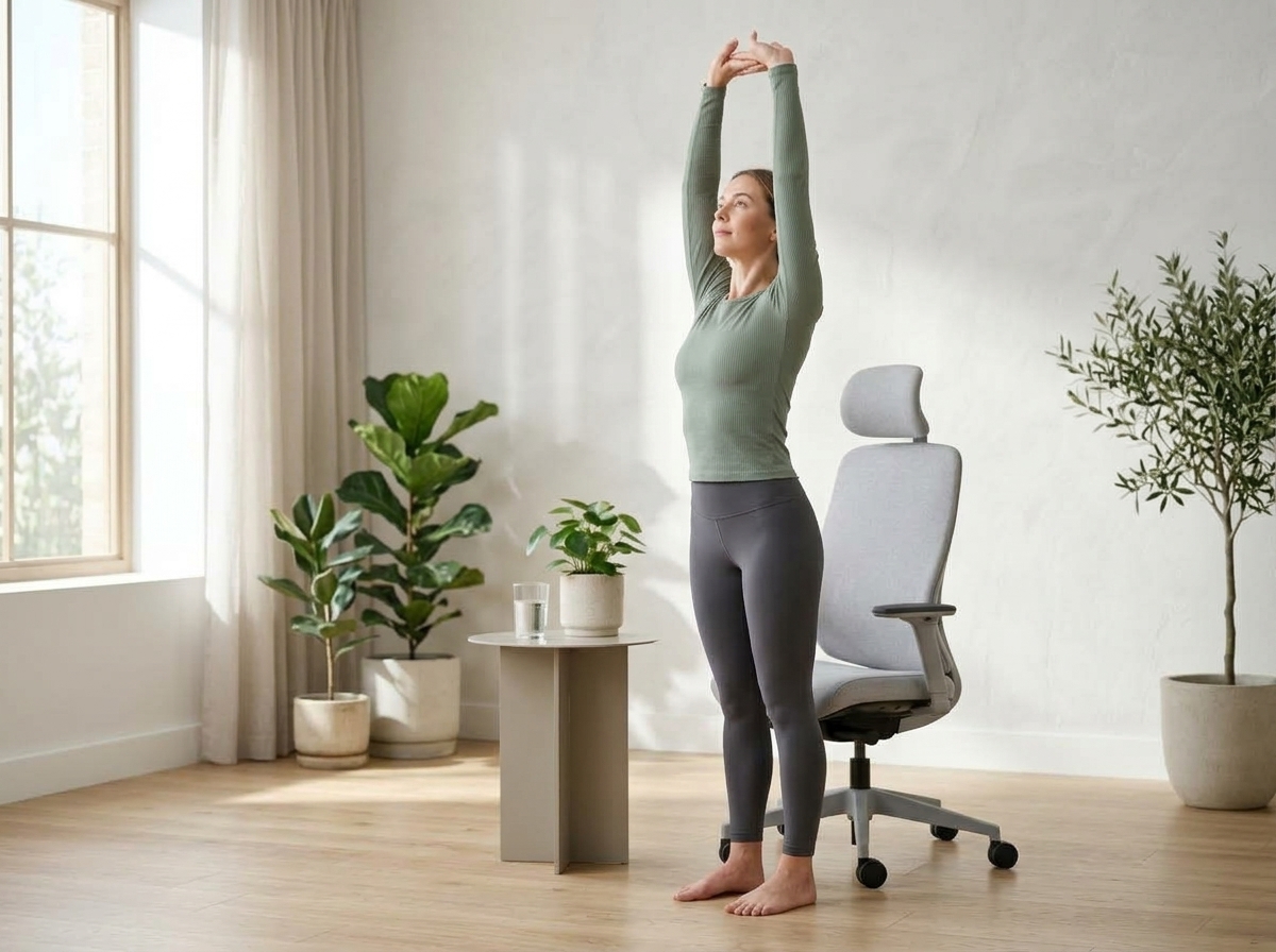 Visual posture guidance demonstrating standing tall overhead reach and lateral lat decompression