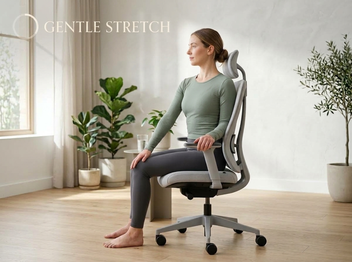 Visual posture guidance demonstrating seated thoracic rotation with hand over opposite knee