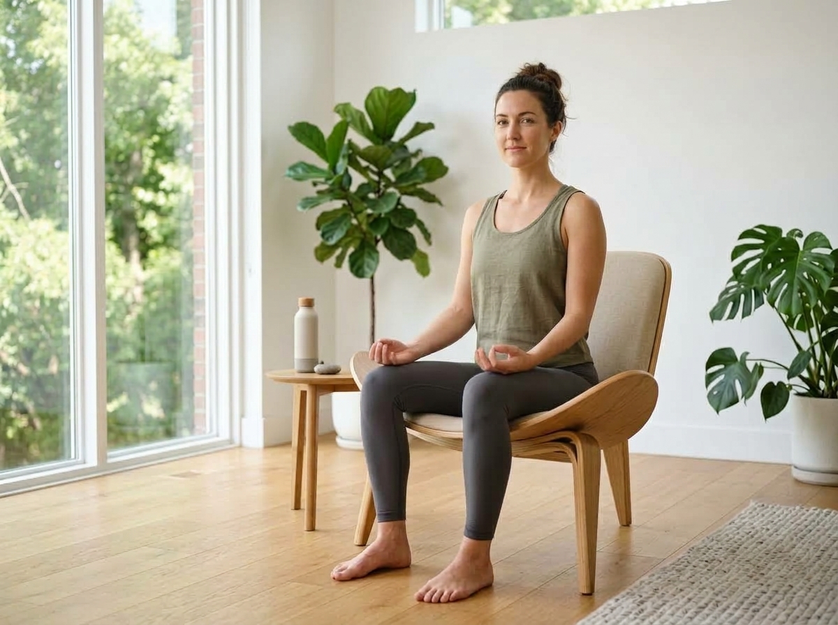 Visual guidance demonstrating mindful re-entry with rolled shoulders and open gaze